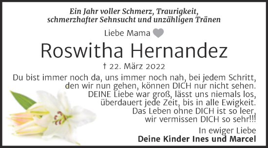 Traueranzeige von Roswitha Hernandez von Trauerkombi Bitterfeld