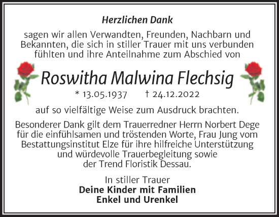 Traueranzeige von Roswitha Malwina Flechsig von Trauerkombi Dessau