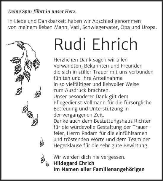 Traueranzeige von Rudi Ehrich von Trauerkombi Sangerhausen
