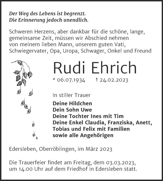 Traueranzeige von Rudi Ehrich von Mitteldeutsche Zeitung Sangerhausen