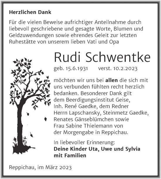 Traueranzeige von Rudi Schwentke von Trauerkombi Köthen