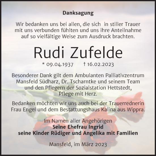Traueranzeige von Rudi Zufelde von Trauerkombi Mansfelder Land