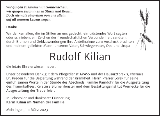 Traueranzeige von Rudolf Kilian von Trauerkombi Aschersleben