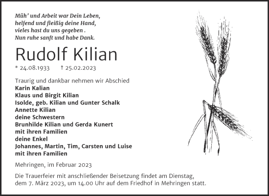 Traueranzeige von Rudolf Kilian von Trauerkombi Aschersleben
