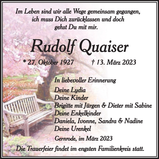 Traueranzeige von Rudolf Quaiser von Trauerkombi Quedlinburg