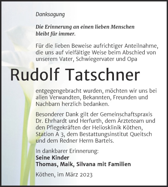 Traueranzeige von Rudolf Tatschner von Trauerkombi Köthen