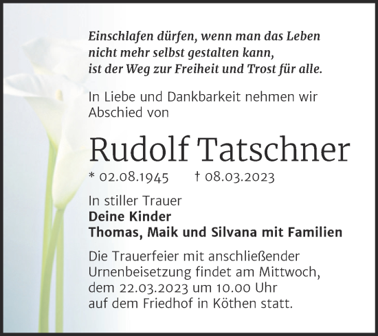 Traueranzeige von Rudolf Tatschner von Trauerkombi Köthen