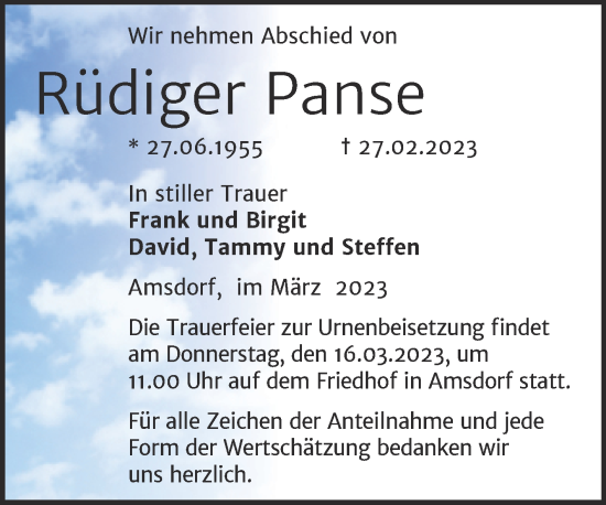 Traueranzeige von Rüdiger Panse von Trauerkombi Mansfelder Land