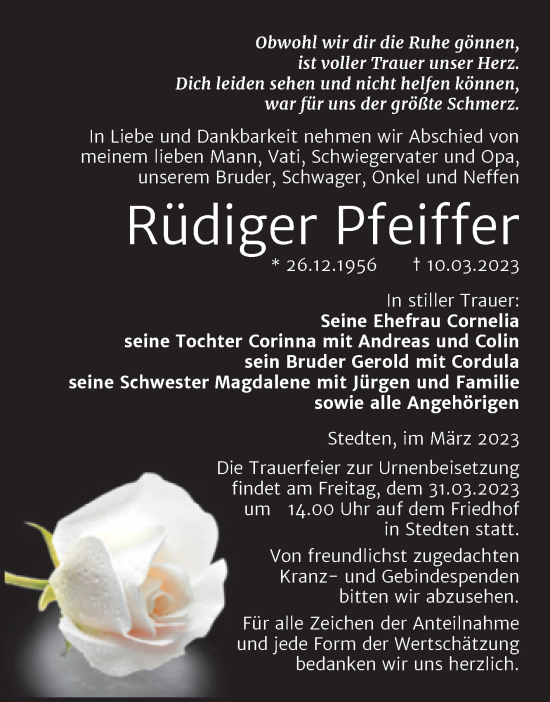 Traueranzeige von Rüdiger Pfeiffer von Trauerkombi Mansfelder Land