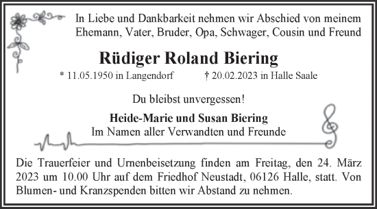 Traueranzeige von Rüdiger Roland Biering von Wochenspiegel Weißenfels