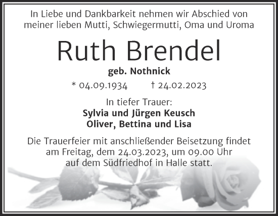 Traueranzeige von Ruth Brendel von Mitteldeutsche Zeitung Halle/Saalkreis
