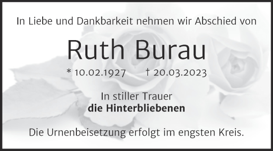 Traueranzeige von Ruth Burau von Trauerkombi Bernburg