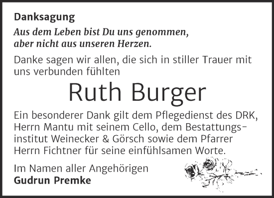 Traueranzeige von Ruth Burger von Trauerkombi Bernburg