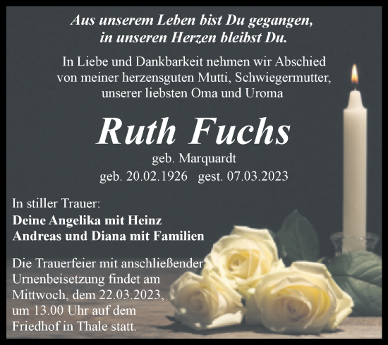 Traueranzeige von Ruth Fuchs von Trauerkombi Quedlinburg