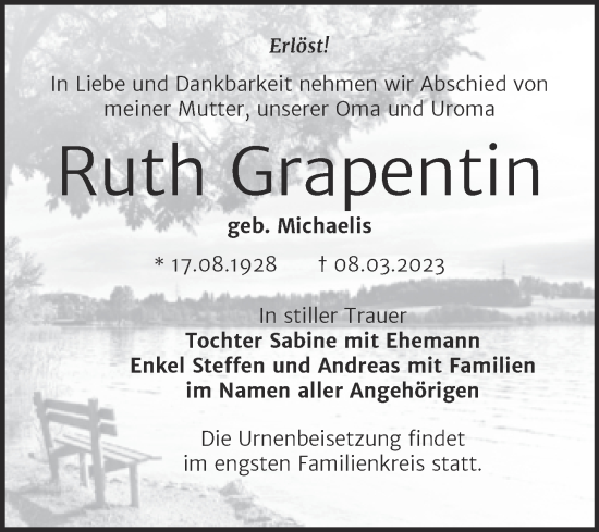 Traueranzeige von Ruth Grapentin von Mitteldeutsche Zeitung Halle/Saalkreis