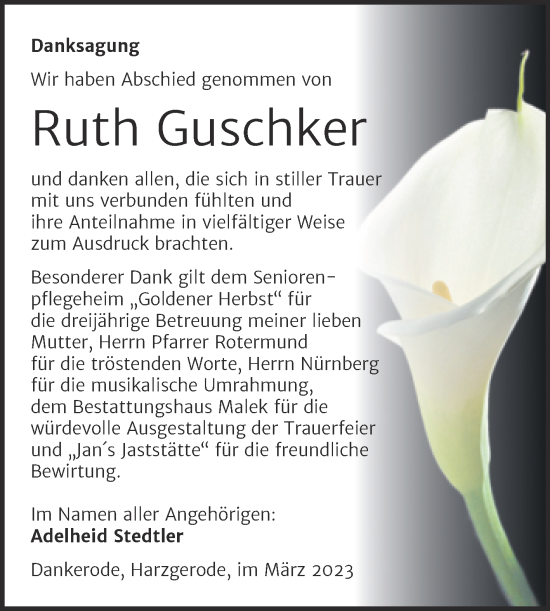 Traueranzeige von Ruth Guschker von Trauerkombi Quedlinburg