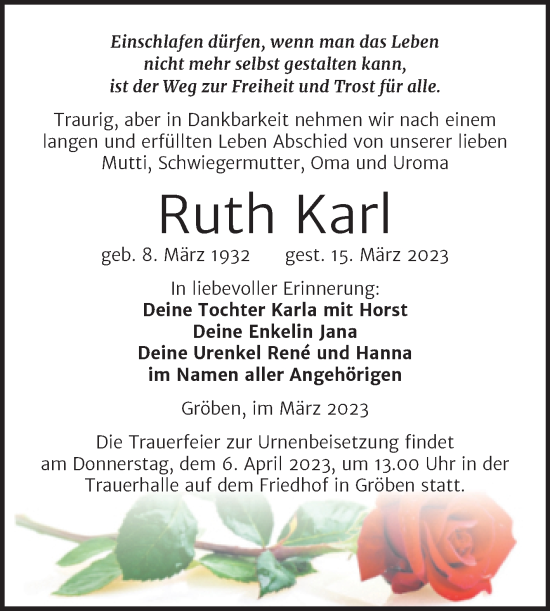 Traueranzeige von Ruth Karl von Trauerkombi Weißenfels