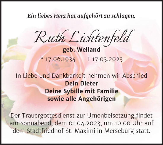 Traueranzeige von Ruth Lichtenfeld von Trauerkombi Merseburg