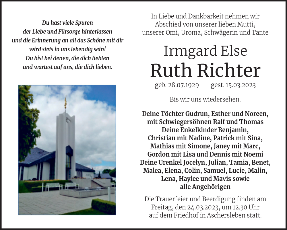  Traueranzeige für Ruth Richter vom 18.03.2023 aus Trauerkombi Aschersleben