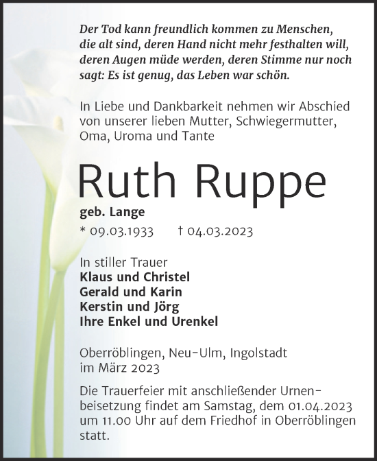 Traueranzeige von Ruth Ruppe von Trauerkombi Sangerhausen