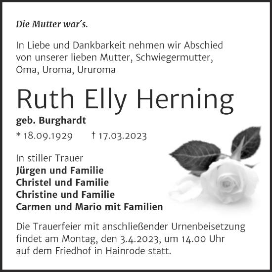 Traueranzeige von Ruth Elly Herning von Trauerkombi Sangerhausen