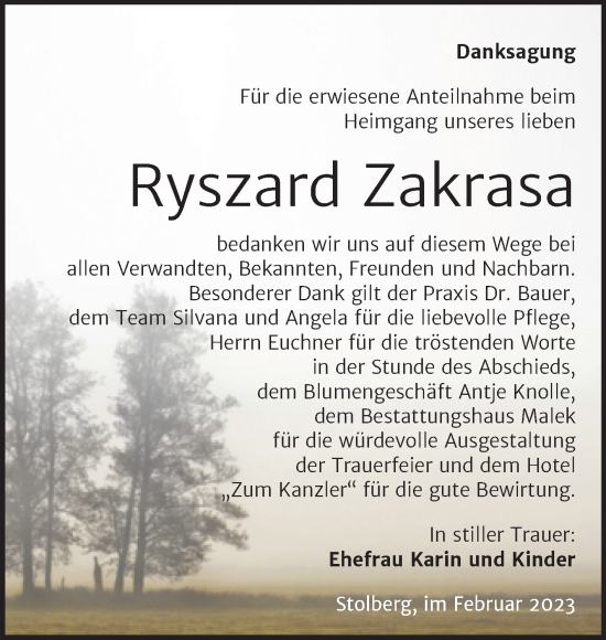 Traueranzeige von Rysza Zakrasa von Trauerkombi Sangerhausen
