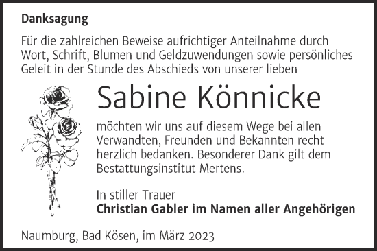 Traueranzeige von Sabine Könnicke von Wochenspiegel Naumburg/Nebra