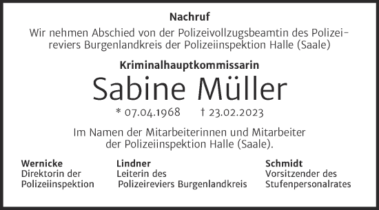 Traueranzeige von Sabine Müller von Naumburger Tageblatt