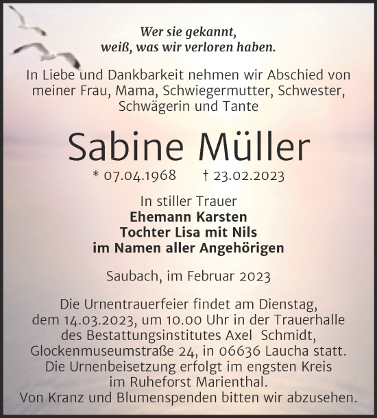 Traueranzeige von Sabine Müller von Wochenspiegel Naumburg/Nebra