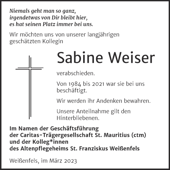 Traueranzeige von Sabine Weiser von Mitteldeutsche Zeitung Weißenfels