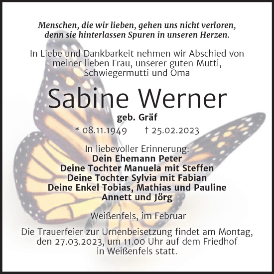 Traueranzeige von Sabine Werner von Trauerkombi Weißenfels