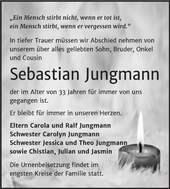 Traueranzeige von Sebastian Jungmann von Trauerkombi Bernburg
