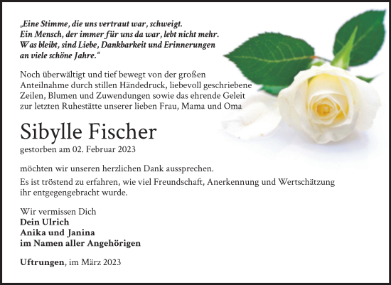 Traueranzeige von Sibylle Fischer von Trauerkombi Sangerhausen