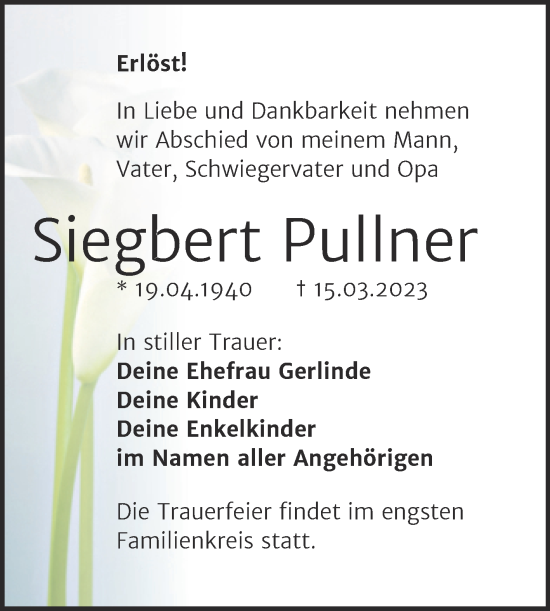 Traueranzeige von Siegbert Pullner von Trauerkombi Köthen