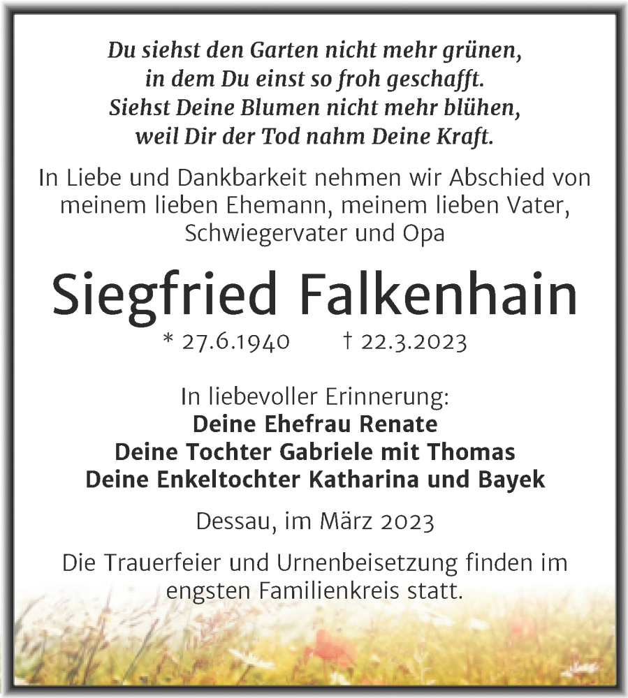  Traueranzeige für Siegfried Falkenhain vom 25.03.2023 aus Trauerkombi Dessau