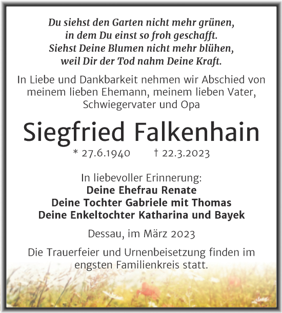 Traueranzeige von Siegfried Falkenhain von Trauerkombi Dessau