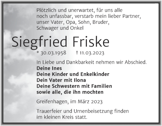 Traueranzeige von Siegfried Friske von Trauerkombi Mansfelder Land