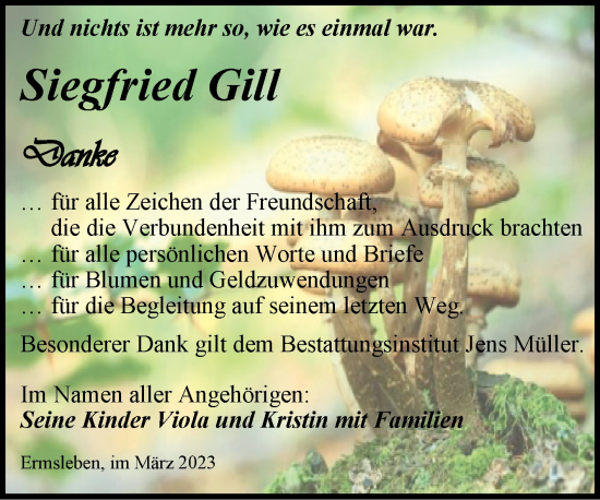 Traueranzeige von Siegfried Gill von Trauerkombi Quedlinburg