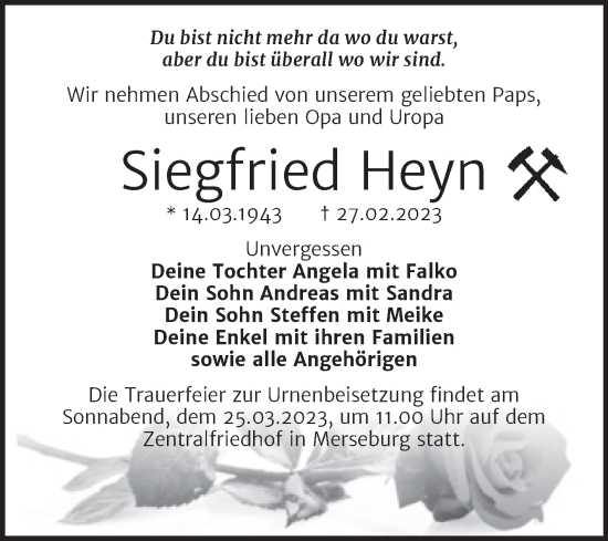Traueranzeige von Siegfried Heyn von Trauerkombi Merseburg