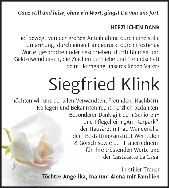 Traueranzeige von Siegfried Klink von Trauerkombi Bernburg