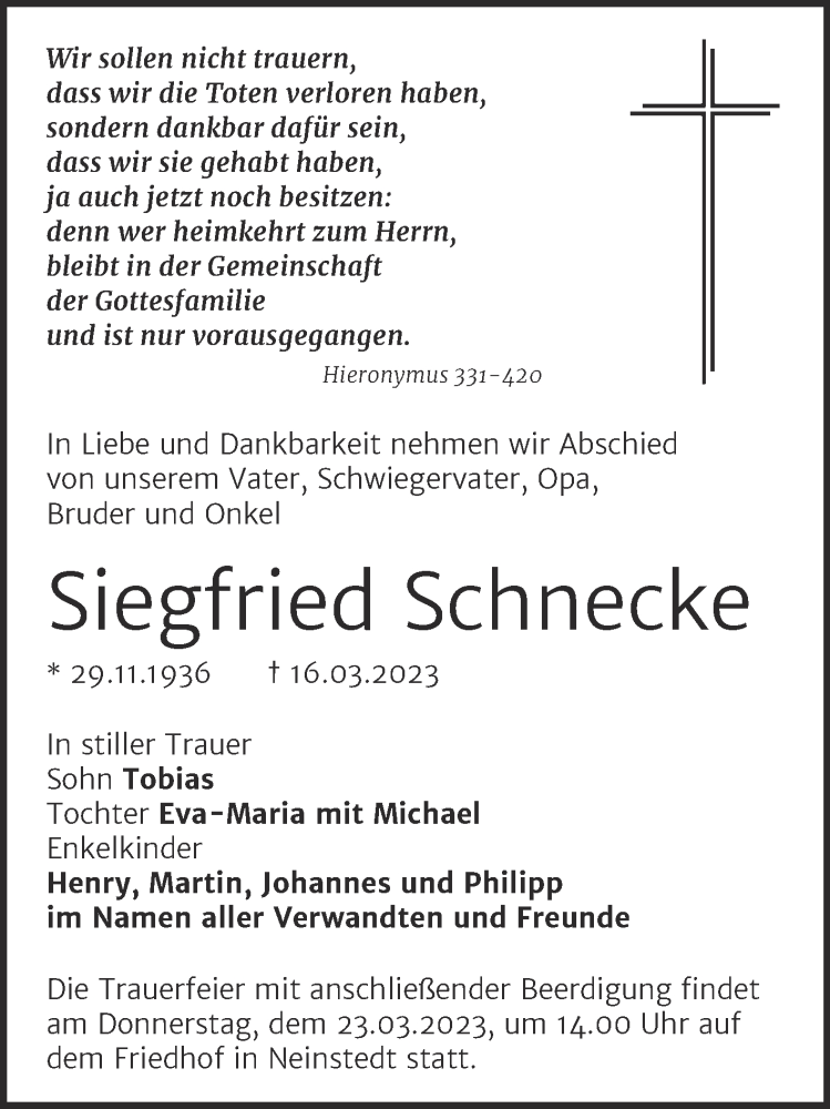  Traueranzeige für Siegfried Schnecke vom 21.03.2023 aus Mitteldeutsche Zeitung Quedlingburg