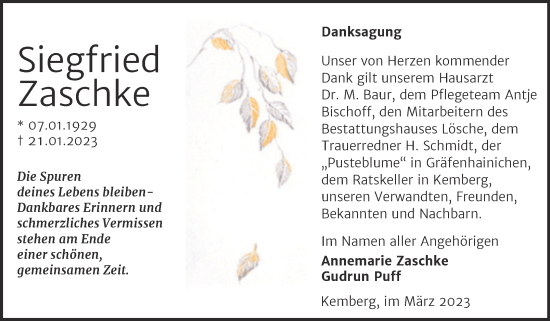 Traueranzeige von Siegfried Zaschke von Trauerkombi Wittenberg