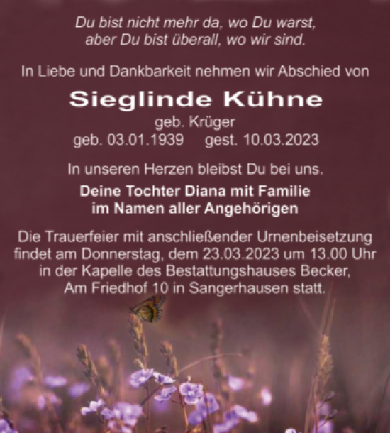 Traueranzeige von Sieglinde Kühne von Trauerkombi Sangerhausen