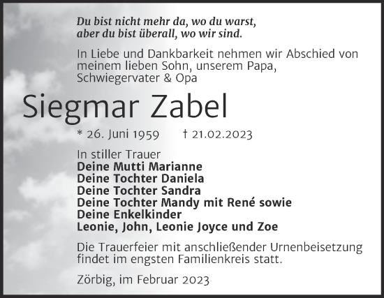Traueranzeige von Siegmar Zabel von Trauerkombi Bitterfeld