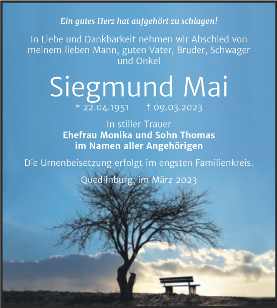 Traueranzeige von Siegmund Mai von Trauerkombi Quedlinburg