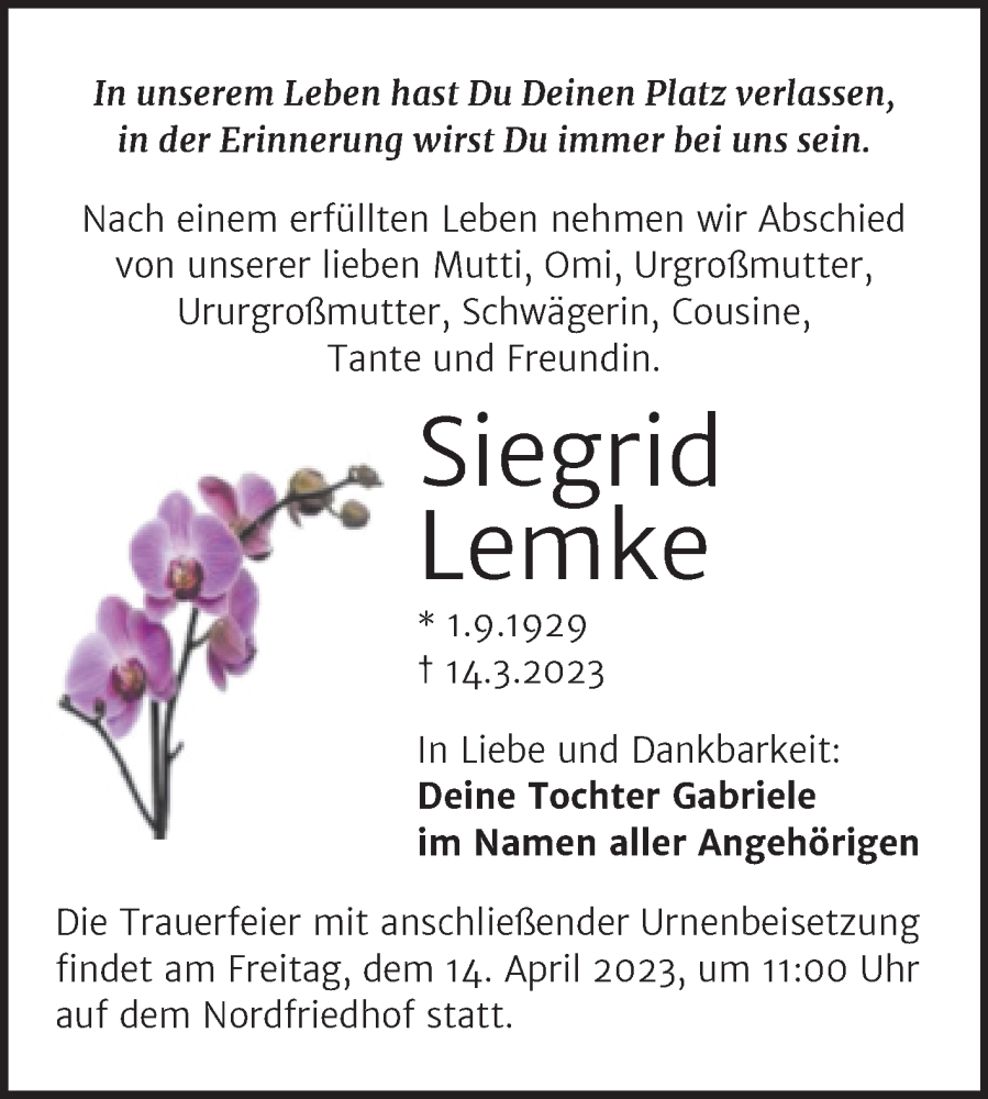  Traueranzeige für Siegrid Lemke vom 25.03.2023 aus Mitteldeutsche Zeitung Halle/Saalkreis