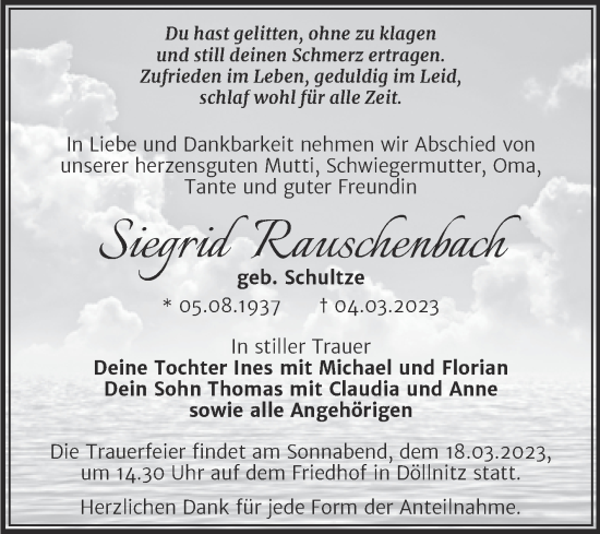 Traueranzeige von Siegrid Rauschenbach von Trauerkombi Merseburg