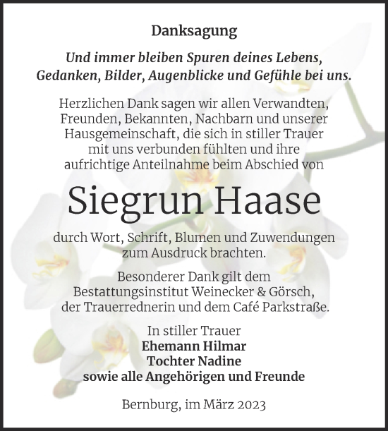 Traueranzeige von Siegrun Haase von Trauerkombi Bernburg