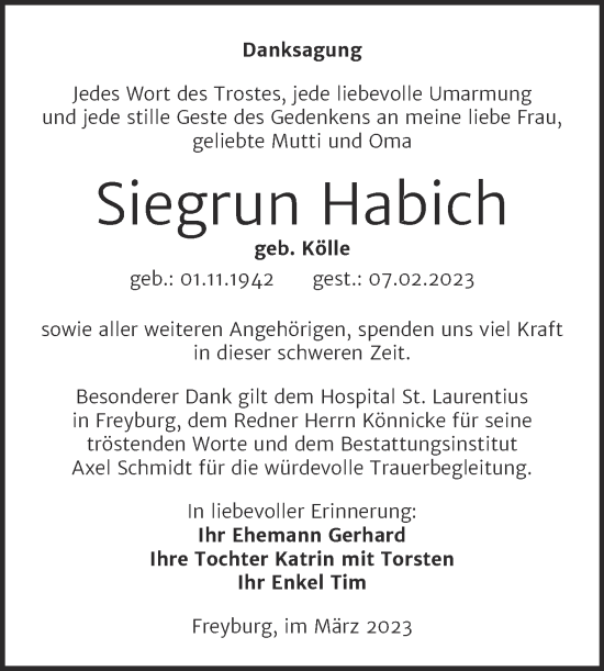 Traueranzeige von Siegrun Habich von Wochenspiegel Naumburg/Nebra