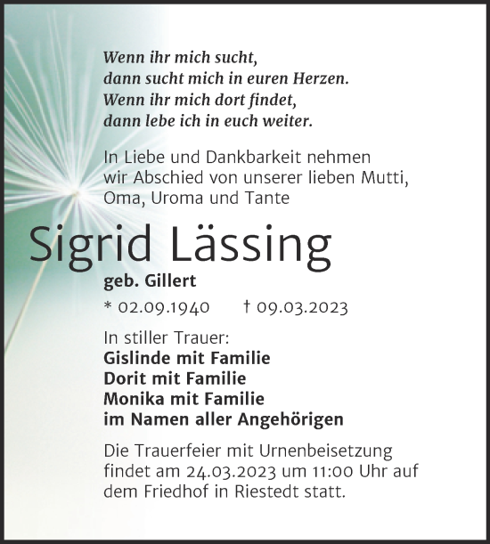 Traueranzeige von Sigrid Lässing von Trauerkombi Sangerhausen